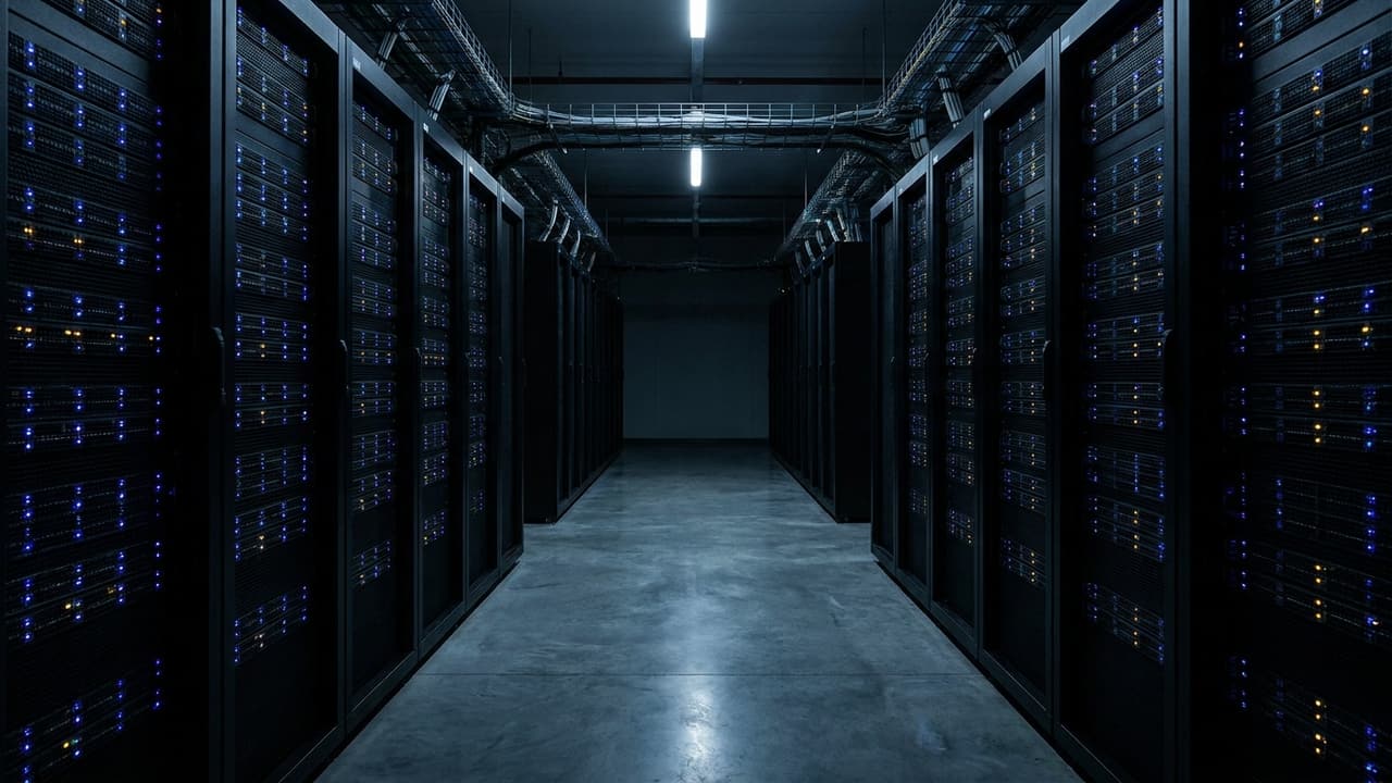 Baie de serveurs et voyants dans une salle technique.