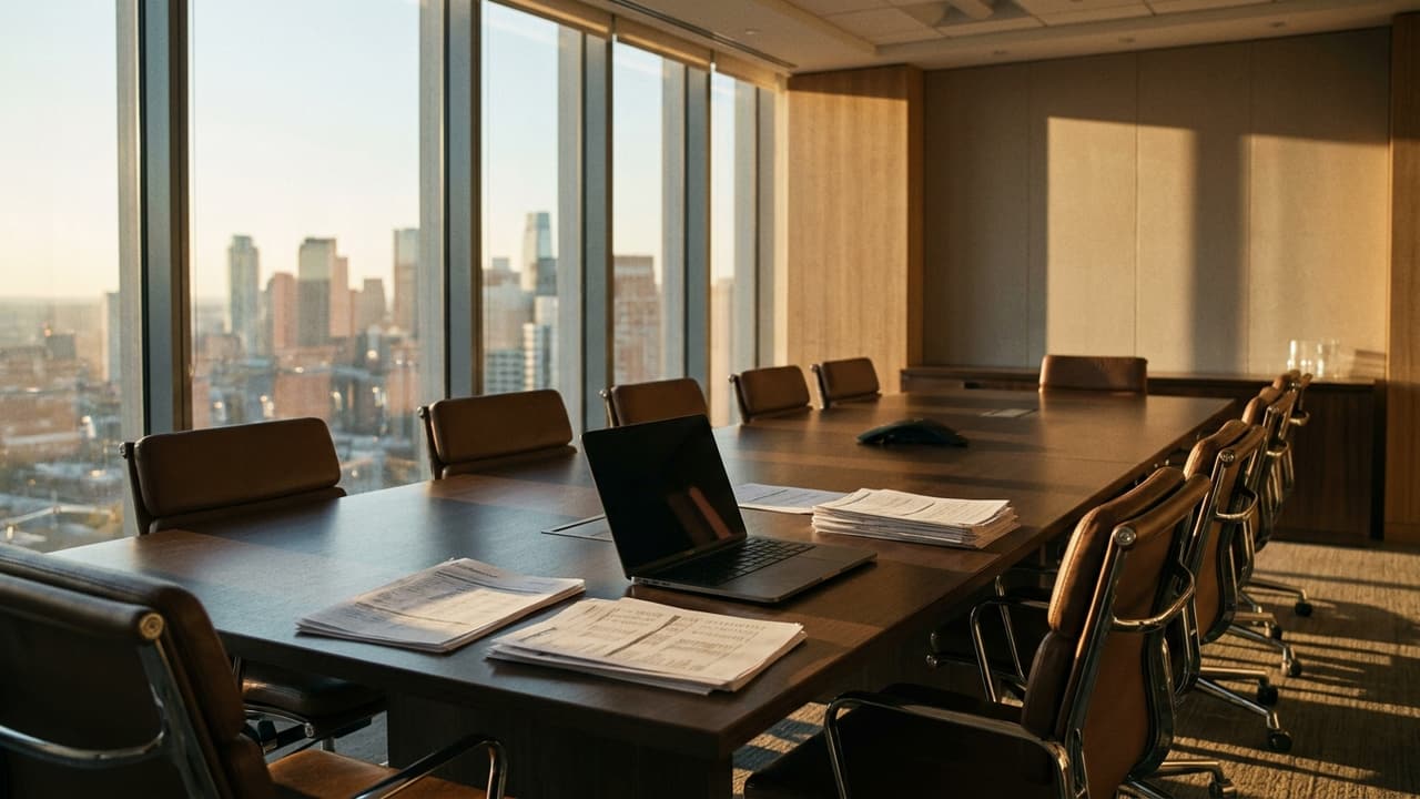 Table de réunion, documents et lumière de fin de journée.