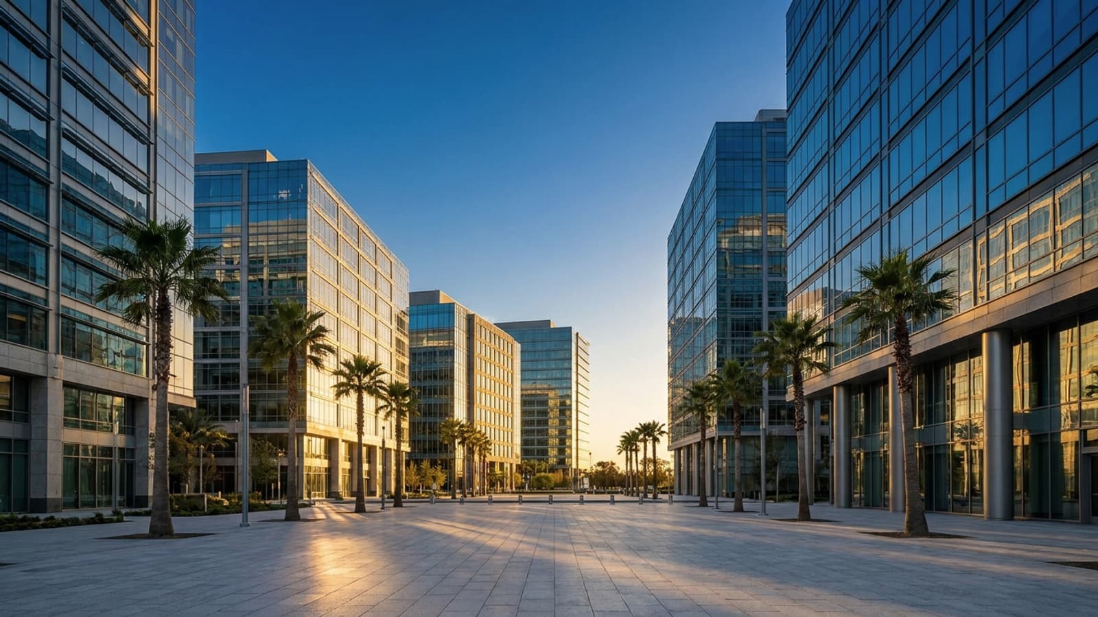 Bureaux vitrés d'un quartier d'affaires en fin de journée.