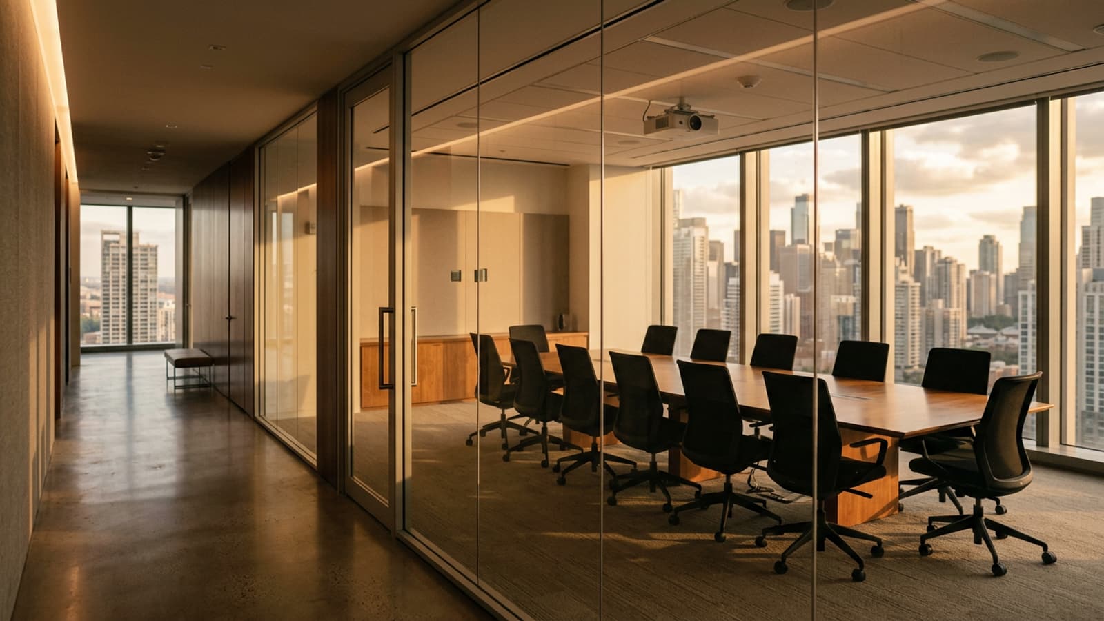 Salle de réunion vitrée donnant sur un quartier d'affaires en fin de journée.