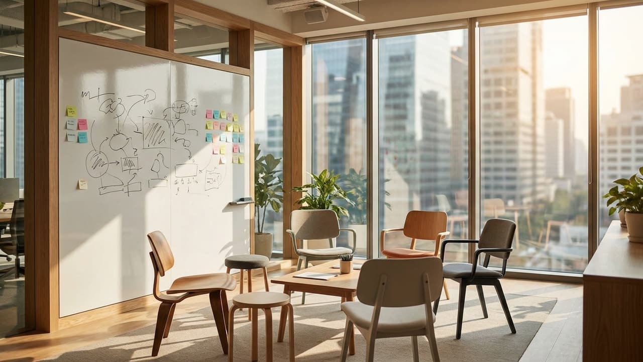 Équipe réunie autour d’un tableau, quartier d’affaires visible au fond.