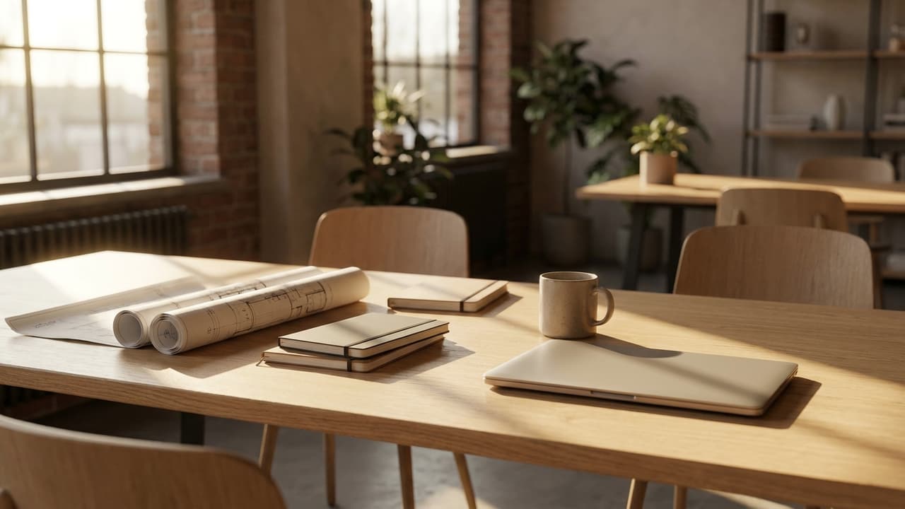 Bureau partagé au petit matin, plans et carnets sur une table de travail.