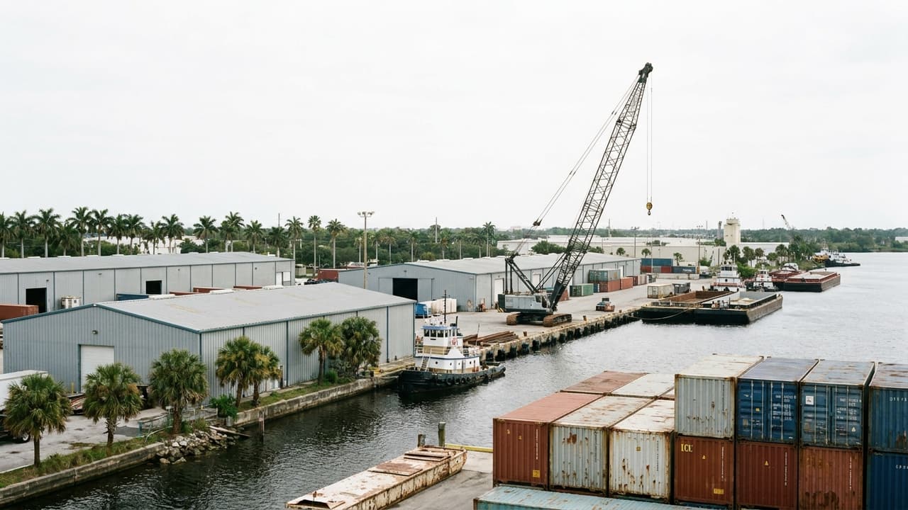 Quai portuaire et entrepôts bas sous un ciel de Floride.