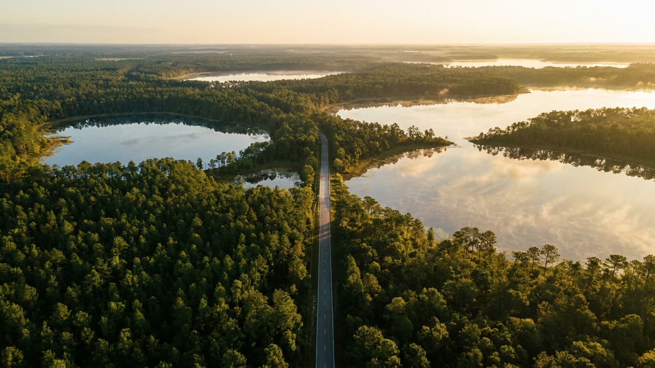 Lacs et pinèdes de Floride centrale vus de haut, lumière rasante.