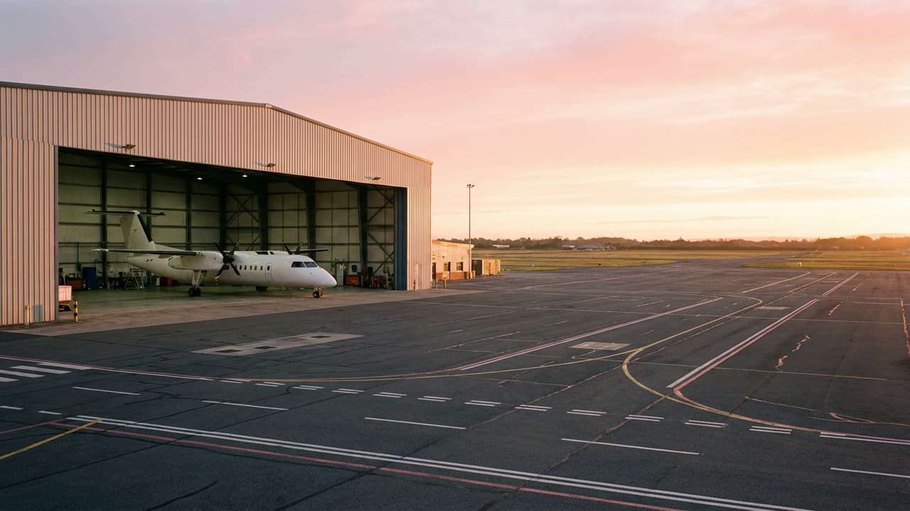 Hangar d’aviation ouvert au petit matin, tarmac vide.