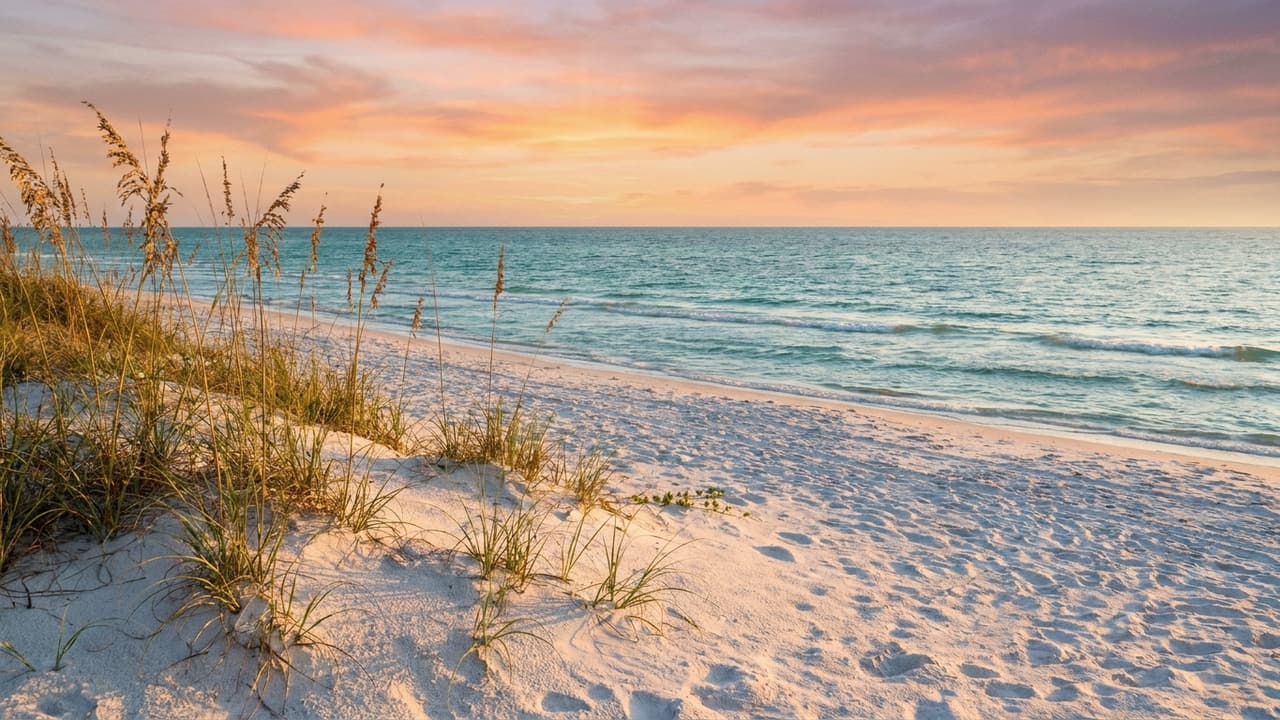 Côte du golfe du Mexique en fin d’après-midi, sable clair et eau calme.