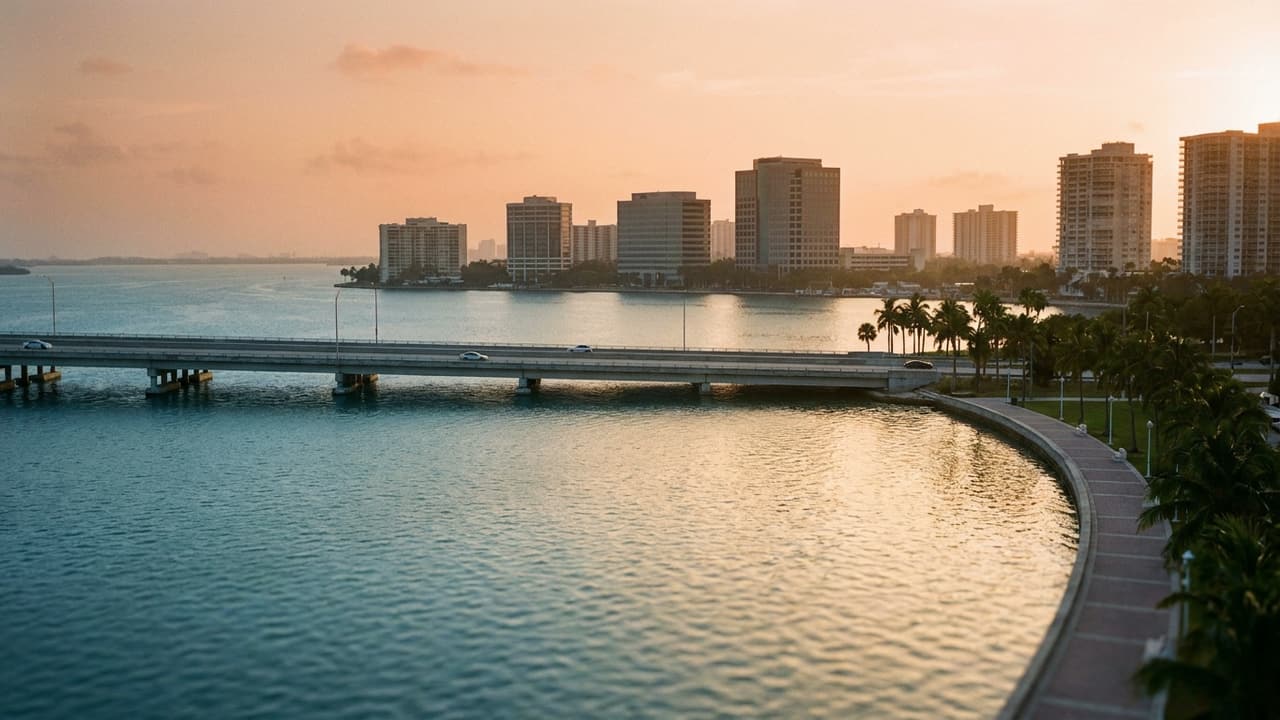 Baie et front d’eau d’une grande ville du Golfe en fin de journée.